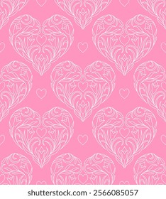 Seamless pattern with white floral heart on pink background.