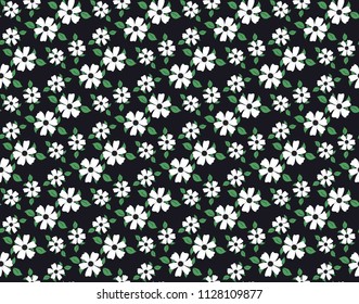 Seamless pattern with white floral with leaves on the black background. Trendy vector background.
