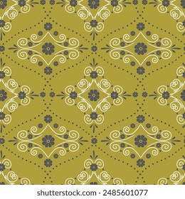 Seamless pattern with white floral ogee geometrical motifs on a gold background. Minimalist classic abstract repeat wallpaper.