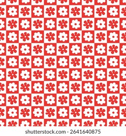 Seamless pattern with white floral tiles on vibrant red background in bold geometric square layout