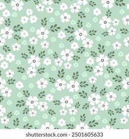 Nahtloses Muster mit weißem Blütengarten. Nettes handgezeichnetes Blumenmuster für Ihren Stoff, Sommerhintergrund, Tapete, Hintergrund, Textil. Vektorgrafik
