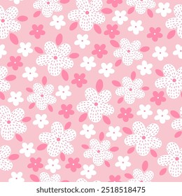 Seamless pattern with white flower blossom garden. Cute hand drawn floral pattern for your fabric, summer background, wallpaper, backdrop, textile.