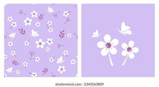 Seamless pattern with white flower, branch and butterfly cartoons on purple background vector illustration.  