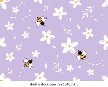 Seamless pattern with white flower, branches, leaves and bee cartoons on purple background vector illustration. 