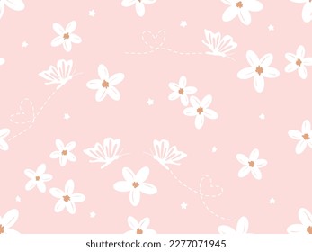 Seamless pattern with white flower and butterfly cartoons on pink background vector illustration. Cute floral print.