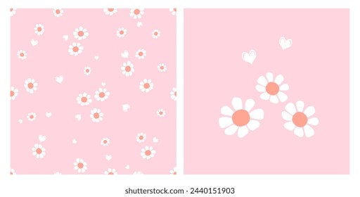 Seamless pattern with white flower and hand drawn heart on pink background. Cute flower icon sign vector.