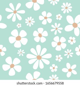 Seamless pattern of white flower heads on light green/blue background.