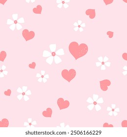 Seamless pattern with white flower and heart on pink background vector.