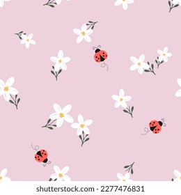 Seamless pattern with white flower and ladybird cartoons on pink purple background vector illustration. Cute floral print.