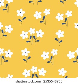 Patrón sin fisuras con la flor blanca en el fondo amarillo. Lindo patrón floral dibujado a mano para su tela, fondo de verano, Fondo de pantalla, telón de fondo, textil. Ilustración vectorial	