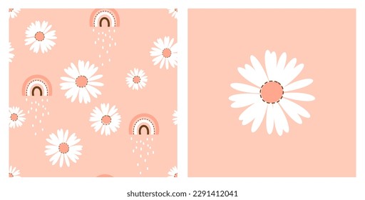 Seamless pattern with white flower and rainbows on pink background. Cute flower on pink background vector.