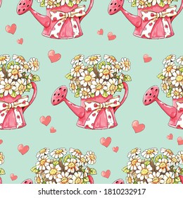 Seamless pattern white flower in red watering can cartoon. Japanese food. Hand painted style vector illustration. Use for Print, logo, label, decoration, pattern and more.