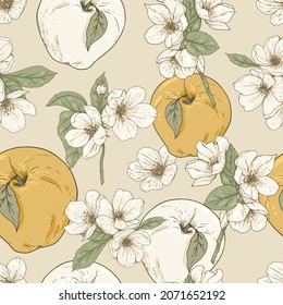 Seamless pattern with white flowers and apples