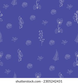 Seamless pattern of white flowers arranged randomly on a blue background. Vector illustration.
