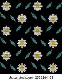 Seamless pattern white flowers background, leaf, flower green garden, cute for print, fabric, yellow flowers, little thing, child, spring, fresh, happy, born, cover decorate, pixel art