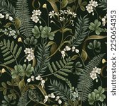 Seamless pattern with white flowers, berries, fern and leaves. Botanical illustration. Vector
