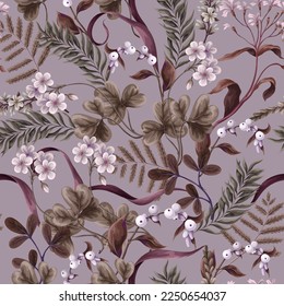 Seamless pattern with white flowers, berries, fern and leaves. Botanical illustration. Vector