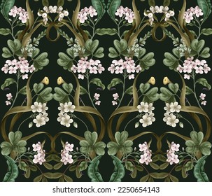 Patrón sin foco con flores blancas, bayas, helechos y hojas. Ilustración botánica. Vector