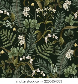 Seamless pattern with white flowers, berries, fern and leaves. Botanical illustration. Vector