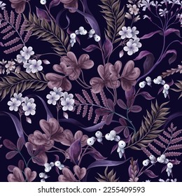 Seamless pattern with white flowers, berries, fern and leaves. Botanical illustration. Vector