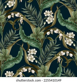 Seamless pattern with white flowers, berries, fern and leaves. Botanical illustration. Vector