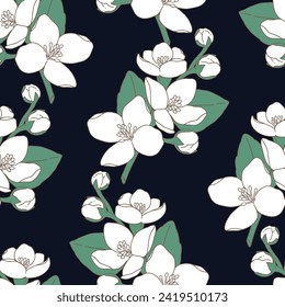Seamless pattern of white flowers, Black tone background, Modern floral pattern, Vintage floral background, Pattern for design wallpaper, Floral print design, Gift wrap paper and fashion prints.