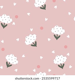 Patrón sin fisuras con flores blancas con puntos negros, corazones y puntos rosados. Ilustración vectorial para el día de San Valentín, boda, papel de regalo.
