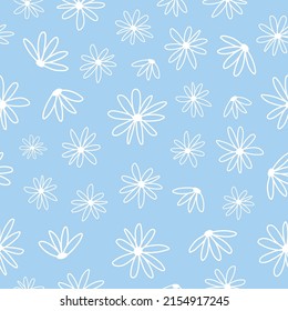 Seamless pattern with white flowers and blue background