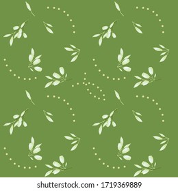 Seamless pattern with white flowers, buds and white small circles on a green background.