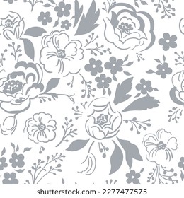Seamless pattern with white flowers and buds on a dark gray background, vector illustration.
