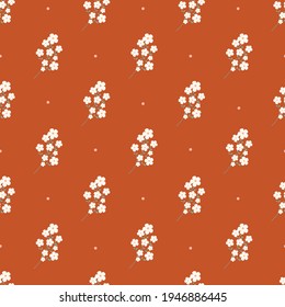 Seamless pattern with white flowers and circles on an orange background. Summer, minimalistic pattern with flowers. Pattern for wrapping paper, stationery, textiles, backgrounds, websites.