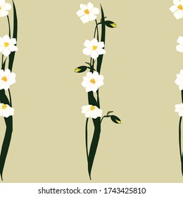 Seamless pattern with white flowers, daffodil buds and leaves on a light beige background.