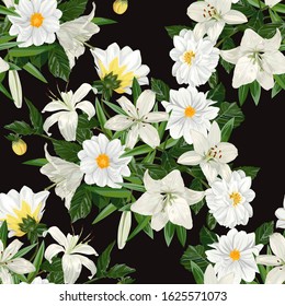 Seamless pattern of white flowers dahlia and lilies on a black background.