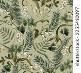Seamless pattern with white flowers,  fern and leaves. Botanical illustration. Vector