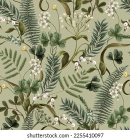 Seamless pattern with white flowers,  fern and leaves. Botanical illustration. Vector