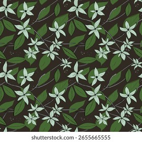 Padrão Sem Costura Com Flores Brancas E Folhas Verdes Em Um Fundo Escuro, Perfeito Para Têxteis Ou Papel De Parede.