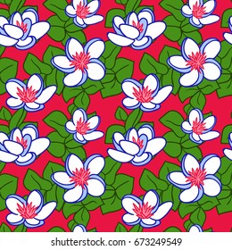 Seamless pattern with white flowers and green leaves. Vector.