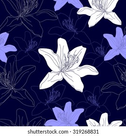 Seamless pattern with white flowers. Hand drawn floral background. Artwork for textiles, fabrics, souvenirs, packaging and greeting cards.