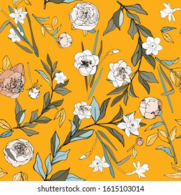 Seamless pattern with white flowers and leaves of roses, peonies and daffodils on tangerine, goldenrod, yellow background. Tropical flowers vector illustration. EPS 10