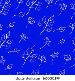 Seamless pattern with white flowers and leaves on a blue background. Suitable for fabric, wrapping paper, wallpaper, bags, clothes, dishes, cases on smartphones and tablets, wallets.