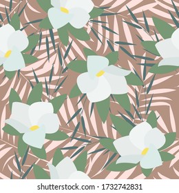 Seamless pattern with white flowers and leaves on a pink background. For wrapping paper, textiles, wall paper, pillow prints, bedding, clothing, kitchen supplies, postcards and invitations