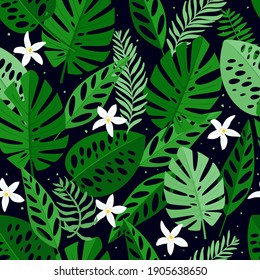 Seamless pattern with white flowers and leaves. Hand drawn, vector, bright colours. Background for prints, fabric, wallpapers, wrapping paper.