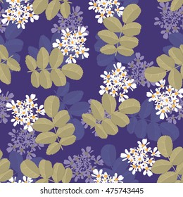 Seamless pattern with white flowers and leaves on lilac background