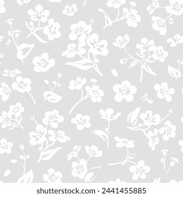 Seamless pattern with white flowers - Myosotis isolated on the gray background. Hand-drawn illustrations of wildflowers. Forget-me-not flower.
