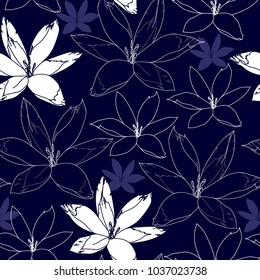 Seamless pattern with white flowers on a blue background. Hand drawn floral texture.