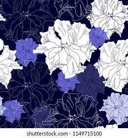 Seamless pattern with white flowers on a blue background. Hand drawn floral texture.