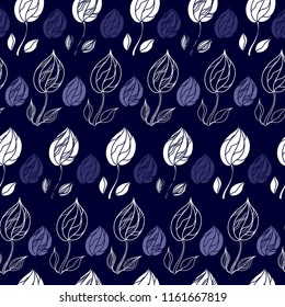 Seamless pattern with white flowers on a blue background. Hand drawn floral texture.