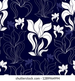Patrón sin fisuras con flores blancas sobre un fondo azul. Textura floral dibujada a mano.