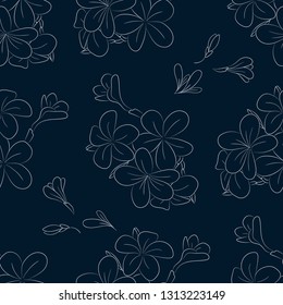 Seamless Pattern with white flowers on dark blue background. Floral decoration for paper, fabric and packaging.