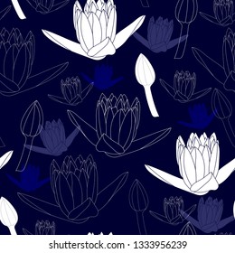 Seamless pattern with white flowers on a blue background. Hand drawn floral texture.